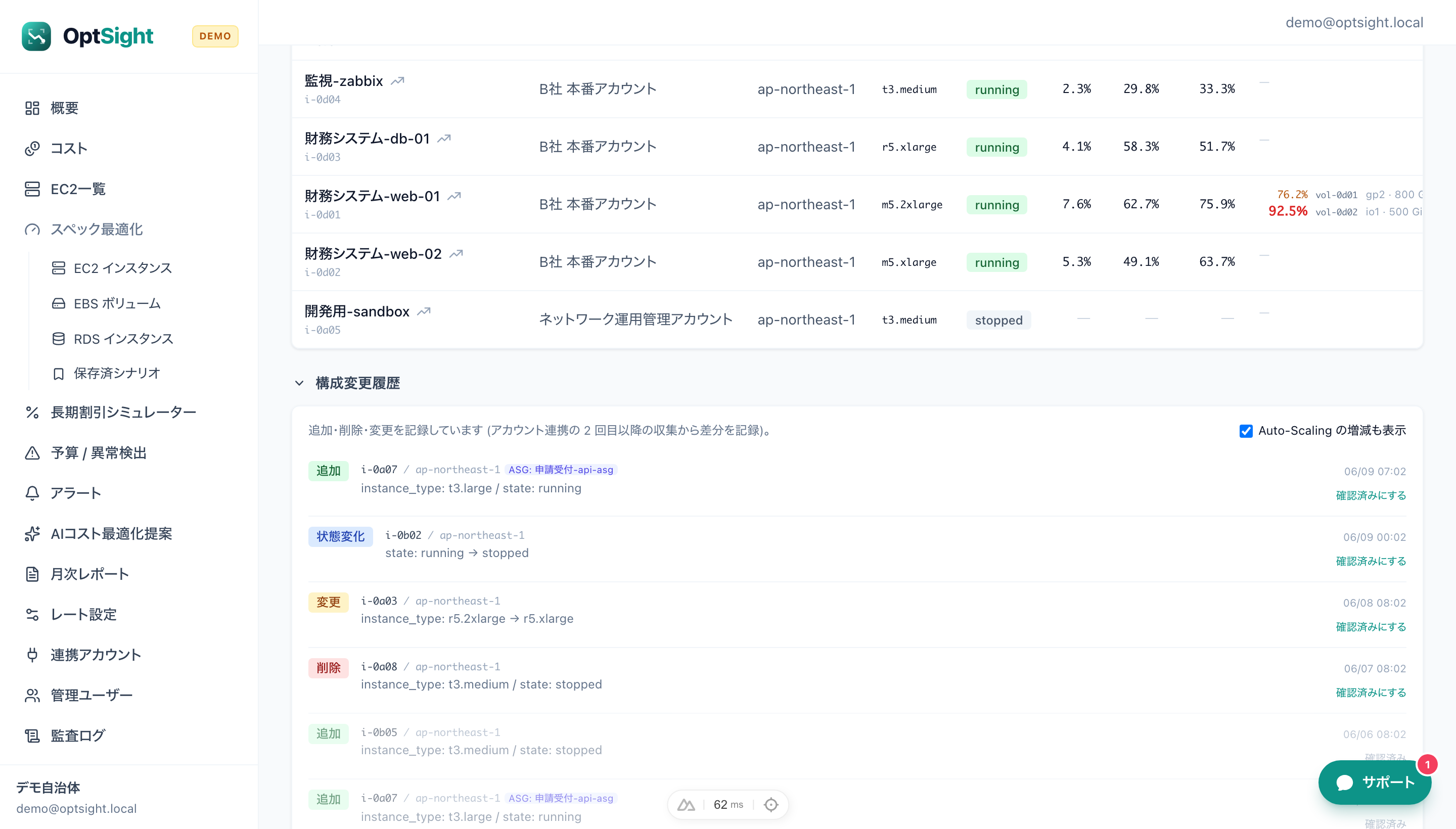 OptSight の EC2 構成変更履歴パネル — 追加・削除・スペック変更・状態変化を差分つきで時系列表示